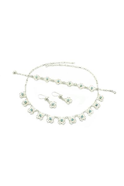 Aykat Mavi Firuze Taşlı El Işi Telkari Gümüş Takım Yonca Modeli Kolye Bileklik Küpe Üçlü Seti Tkm-220