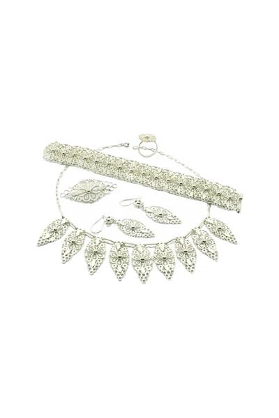 Aykat Kadın 925 Ayar Midyat Telkari Gümüş Takım Yaprak Modeli El Işi Kolye Bi...