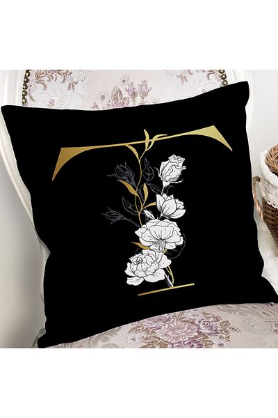 Realhomes Fundal negru Motiv trandafir alb Litera aurie T Design special Husa de perna cu imprimare digitala