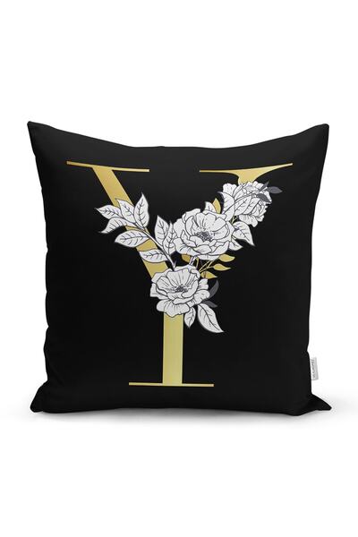 Realhomes Fundal negru Motiv trandafir alb Litera aurie Y Design special Husa...