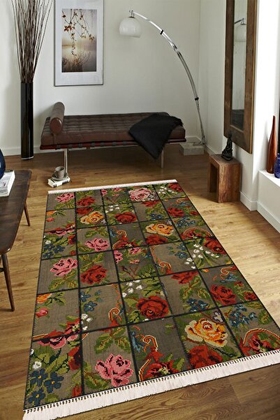 Modern home Çiçek Motifli Patchwork Püsküllü Dijital Baskı Kaymaz Taban Makin...