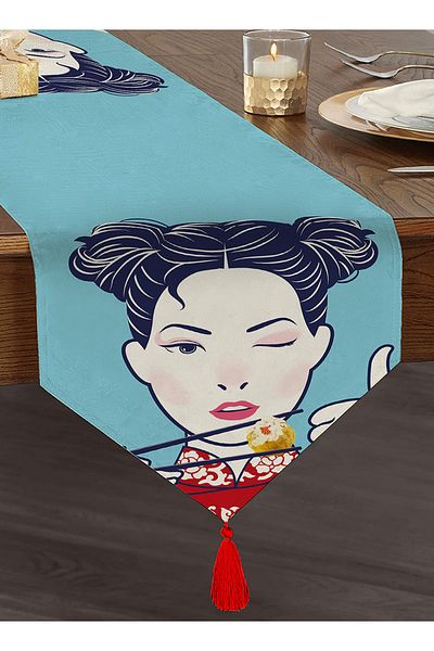 Realhomes Design japonez pentru femei, imprimat digital, cu smocuri decorative din chenille, cu fundal albastru