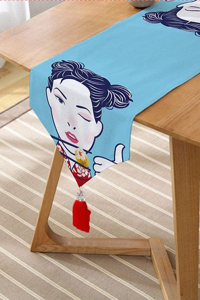Realhomes Design japonez pentru femei, imprimat digital, cu smocuri decorative din chenille, cu fundal albastru