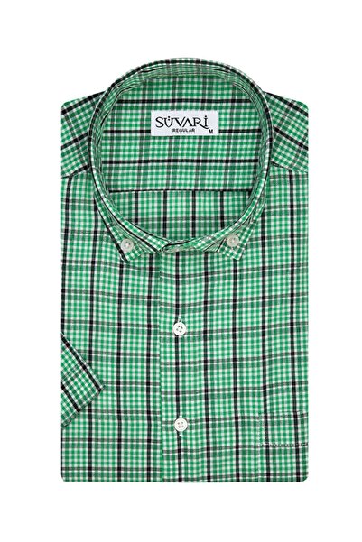 SÜVARİ Desenli Kısa Kollu Yeşil Erkek Gömlek
