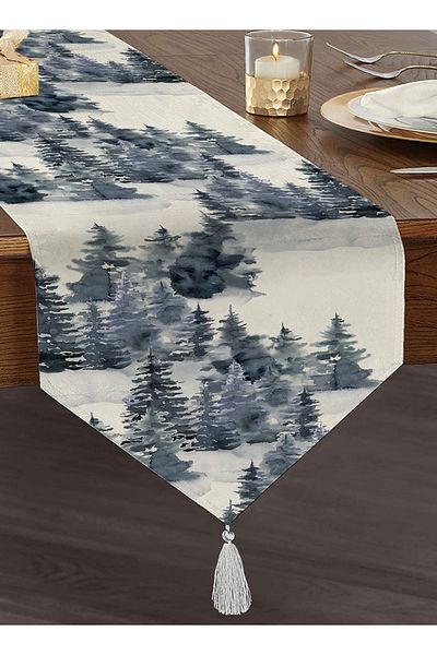 Realhomes Watercolor Drawing Winter Themed Pine Trees Digital Printed Decorative Tufted Chenille Triangle Runner