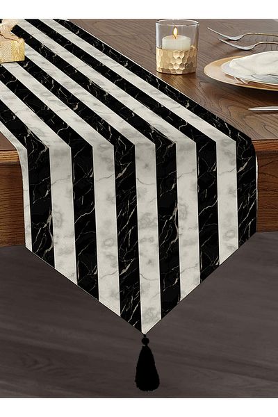 Realhomes Alergăr triunghiular din chenille cu design special imprimat digital în dungi negre cu fundal de marmură