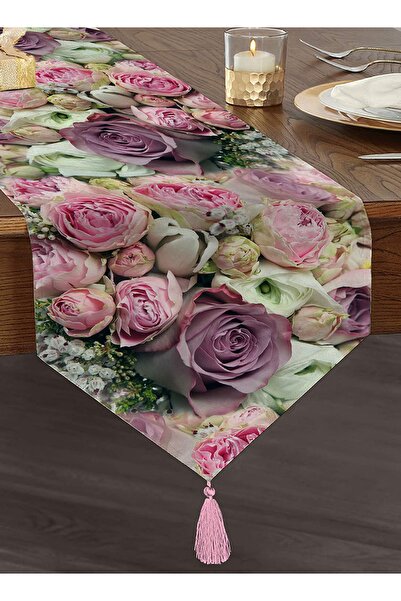 Realhomes Renkli Gül Motifli Dijital Baskılı Dekoratif Püsküllü Şönil Üçgen R...