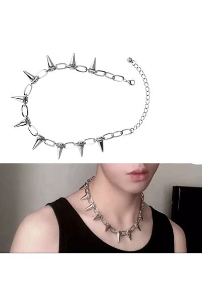 Köstebek Gothic Punk Chain and Rivet Detailed Spike Necklace