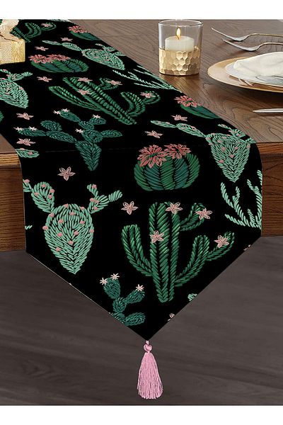 Realhomes Alergăre triunghiular din chenille cu design special imprimat digital, cu model cactus verde pe fundal negru