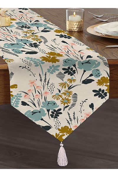 Realhomes Colorat cu modele florale imprimate digital design special cu smocuri chenille triunghi alergător pe fundal alb