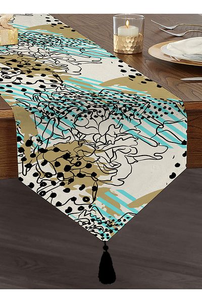 Realhomes Alergăr triunghi din chenille cu design special imprimat digital, cu desen Onedraw pe fundal colorat