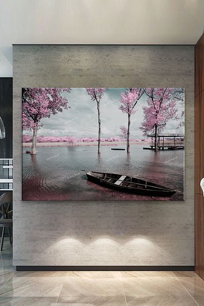 Morfil Sanat Atölyesi Lake Sandal Sakura Trees Nature Scenery Landscape Canvas Painting