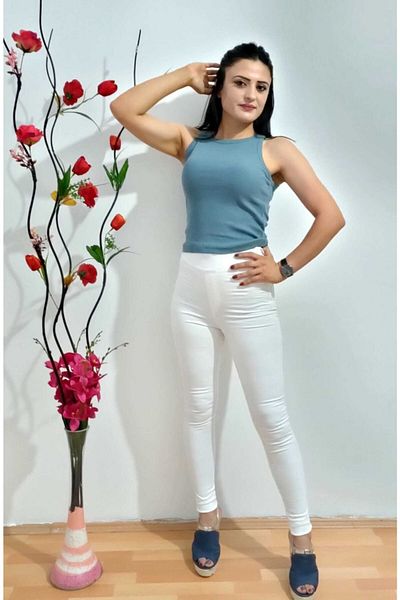 AZEM KOTÇU Women's White High Waist Lycra Jeans with Elastic Waist