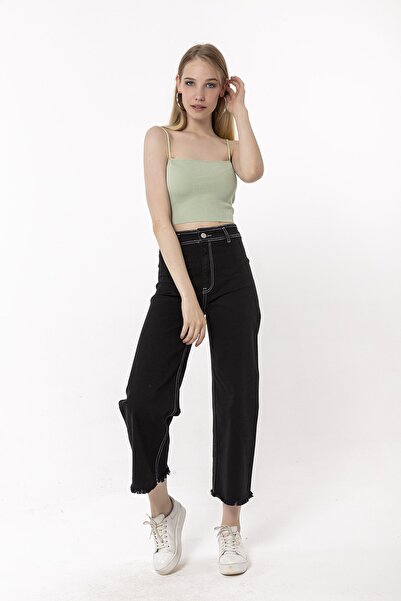 Darkly Jeans Süper Yüksek Bel Kontrast Siyah Dikişsiz Culotte Fit Pantolon