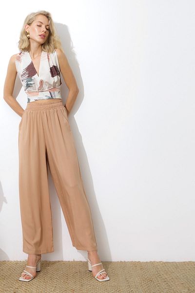 LAMODEMAPASS Women's Beige Draped Culotte Pants