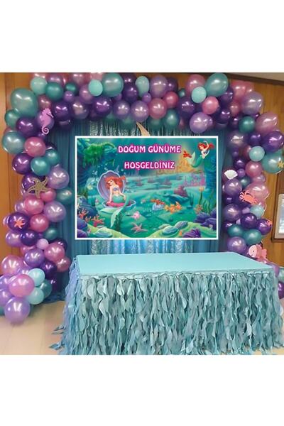 Deniz Kızı Balon Zinciri Seti Ve Deniz Kızı Konsepti 50 Balon 70x100 Cm Afişli