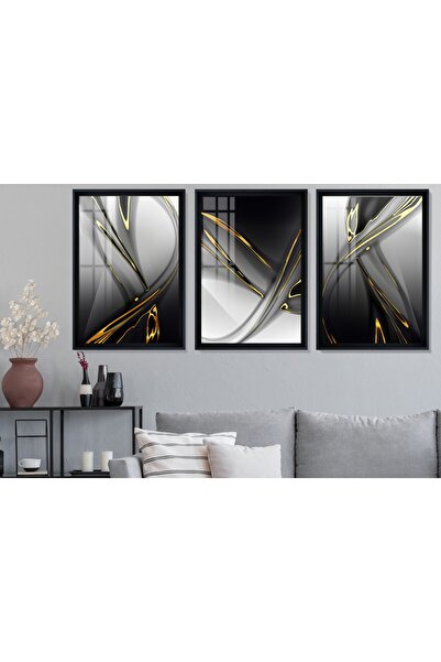 Çerçeveli Black Gold Lines Tablo Seti