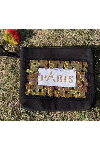 Gönülden Tasarım Чанта и чантичка за гримове с пайети и помпон в черно, 29x26 см