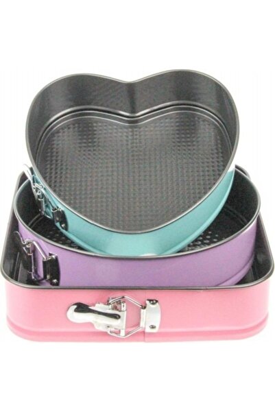 Genel Markalar 3'lü Kelepçeli Kek Kalıbı Seti Renkli Kalp Yuvarlak ve Kare De...