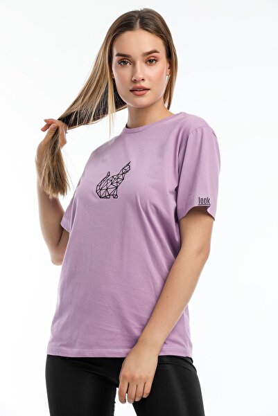 Argentum Look Women's Lilac Cat Embroidered 100% Cotton T-Shirt