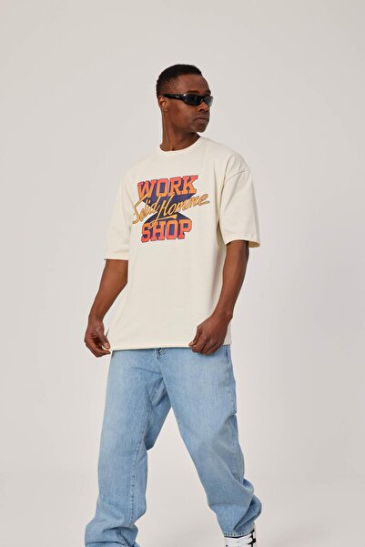 NOMARC Ανδρικό μπλουζάκι Work Shop με πολύχρωμη στάμπα κρεμ