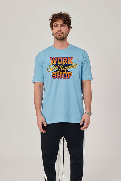 NOMARC Tricou albastru cu imprimeu colorat pentru magazin de lucru
