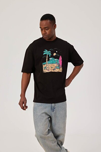 NOMARC Ανδρικό μπλουζάκι με στάμπα με σκελετό σερφερ, μαύρο