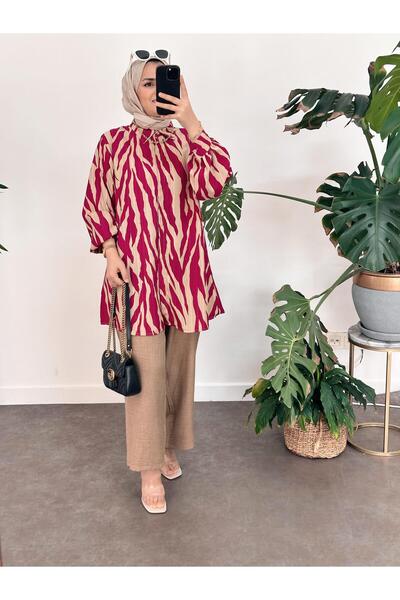 ASEL FASHİON Zebra Cotton Linen Set Pink-Brown