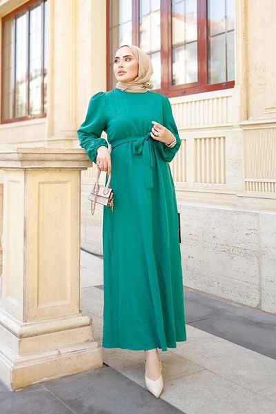 MİSSKAYLE Hijab Green Dress with Belt Detail