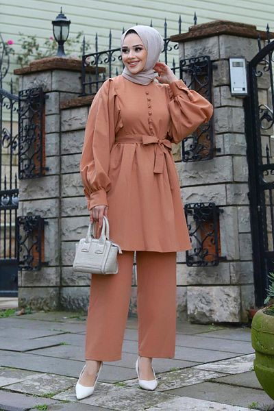 MİSSKAYLE Σετ Hijab Camel με λεπτομέρεια με κουμπί