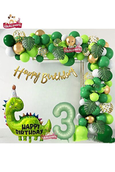 Store Mx Happy Birthday Yazılı Dinozor 3 Yaş Folyo Balonlu Yeşil Gold Beyaz D...