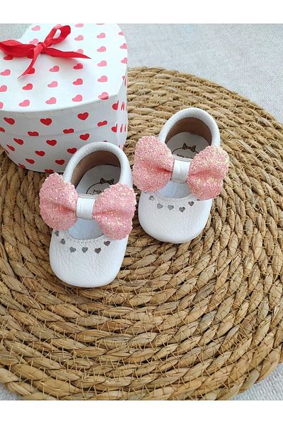 MİNİBİRİ Princess Model Pink Sequin Bow Genuine Leather Baby Loafers Booties Baby Shoes