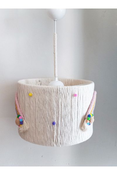 C&A&B KUZEY AVİZE Cylinder Macrame Ecru Rope Wrapped Pompom Colorful Floral Baby Girl Children's Room Pendant Lamp Chandelier