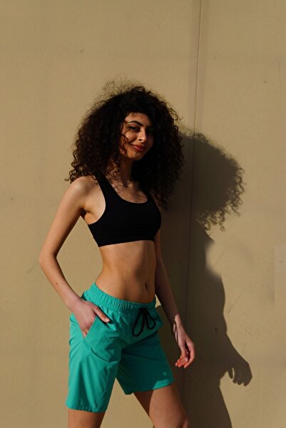 Miami Beach Kadın Büyük Beden Mint Düz Renk Hızlı Kuruyan Kumaş Iki Yan Cepli Uzun Boy Mayo Deniz Şortu