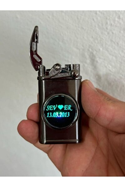 HK GİFT SHOP Kişiye Özel ahşap kutusunda Led Işıklı Turbo Metal çakmak