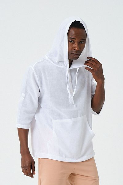 RELAXL Unisex Λευκή κουκούλα καγκουρό με τσέπη μισό κλειστό πουκάμισο oversize
