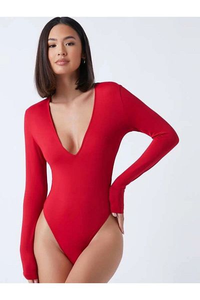 PERLAVİSTA Women's Long Sleeve Red Silk Jersey Bodysuit