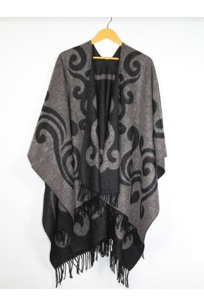 GÜLCE STORE Women's Reversible Poncho Geomettic Pattern