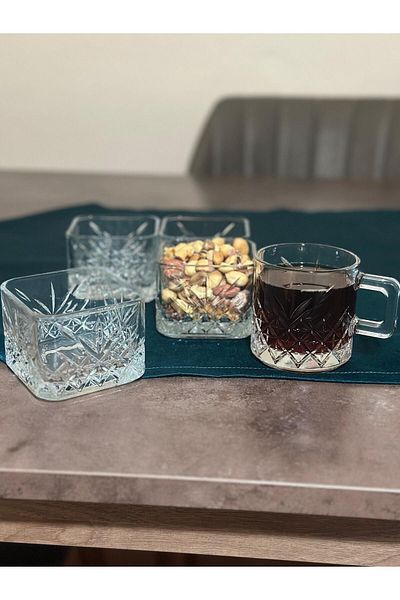Paşabahçe 12 Piece Square Timeless Snack Bowl and Glass Cup with Handle Tea and Glass Set