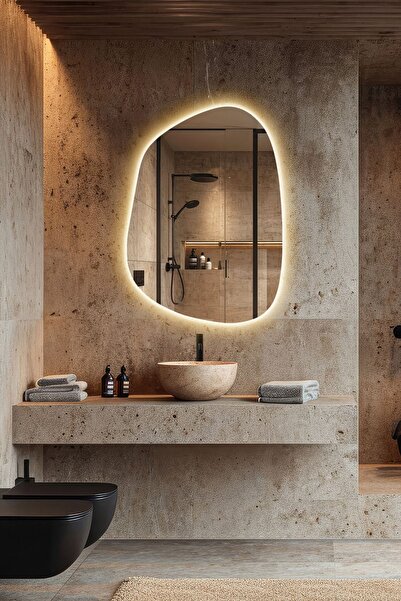 Mirze Life 90x70cm Ledli Modern Banyo Aynası, Gün Işığı Renkli Lavabo - Kuafö...