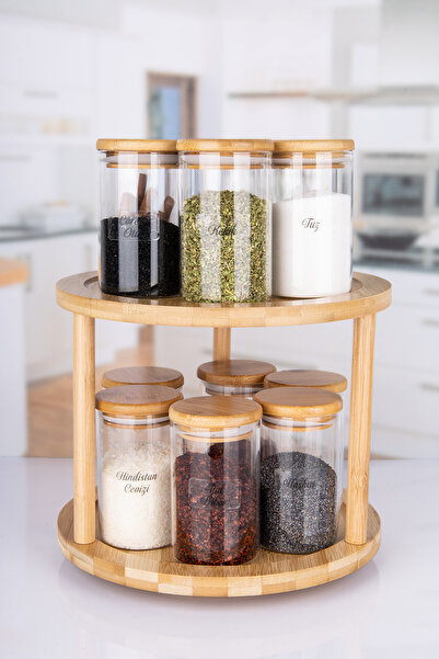 Lizzy 13 Parça Etiketli Vakumlu Bambu Kapaklı 2 Katlı 360 Döner Bambu Stantlı Borosilikat Cam Baharatlık
