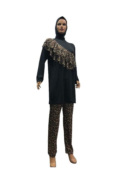 eflin Plus Size Leopard Print Black-Cream-Brown Hijab Swimsuit - Cross Gathered, Full Covered