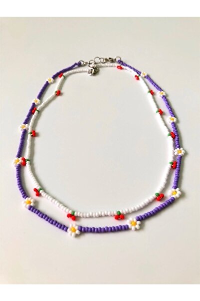 Handmade Minimal Boncuk Papatya-kiraz Ikili Kolye Seti
