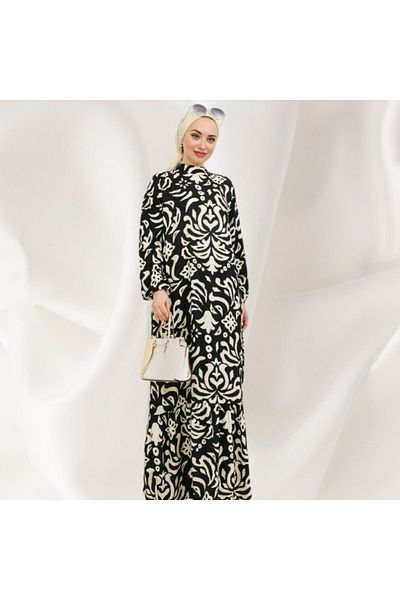 TIWCO Rochie neagră cu model autentic cu guler judecător
