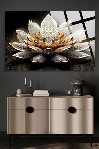 TAULART Tablou de lux cu flori de lotus cu diamante de 4 mm, din sticlă tempe...