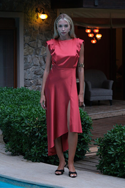 ERIMOS Kadın Mercan Rengi Bisiklet Yaka Vatka Detaylı Eteği Asimetrik Kesim Midi Elbise