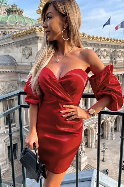 ALFUDO Moda Collection Bandeau Balon Kol Bodycon Mini Kırmızı Abiye Elbise