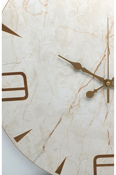 Mermerpark Mermer Park Bej Mermer Desenli Çerçeveli Yuvarlak Duvar Saati 58 cm