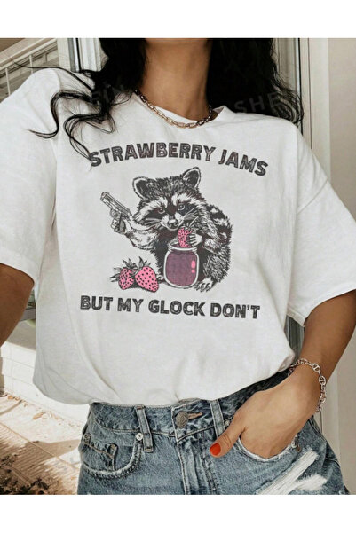 AEMİ Džem od jagoda Štampano Beli Oversize kroj Žene T-shirt - 100% pamuk