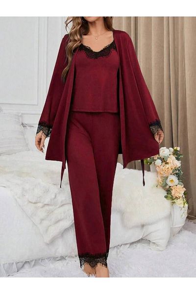 Cesur Claret Red Viscose Lace Detailed 3-Piece Women's Pajamas and Dressing Gown Set